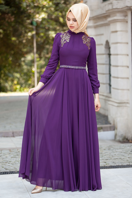 Evening Dresses - Purple Hijab Dress 2156MOR