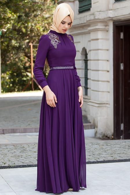 Evening Dresses - Purple Hijab Dress 2156MOR - 2