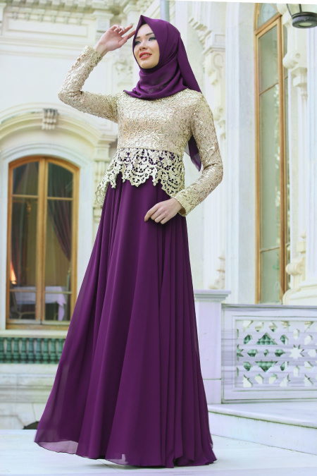 Evening Dresses - Purple Hijab Dress 2162MOR