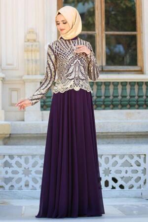 Evening Dresses - Purple Hijab Dress 2185MOR - 1