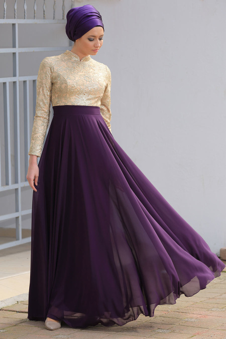 Evening Dresses - Purple Hijab Dress 2189MOR