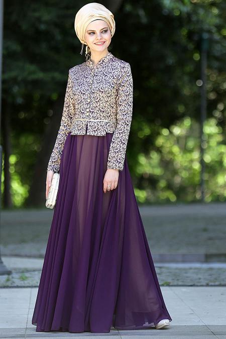 Evening Dresses - Purple Hijab Dress 2209MOR - 2
