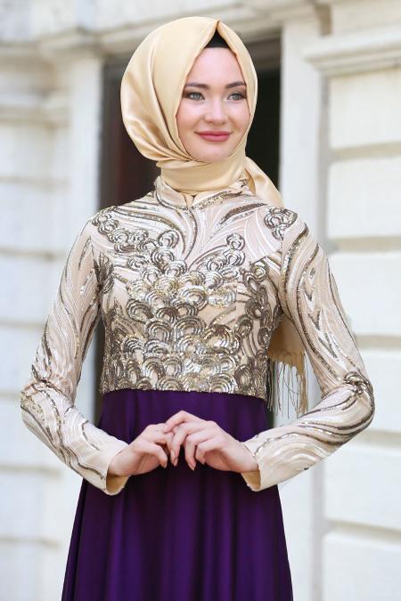 Evening Dresses - Purple Hijab Dress 2221MOR - 2
