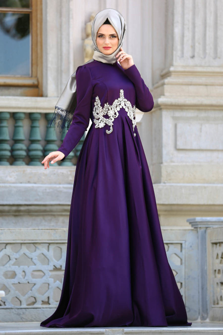 Evening Dresses - Purple Hijab Dress 3580MOR