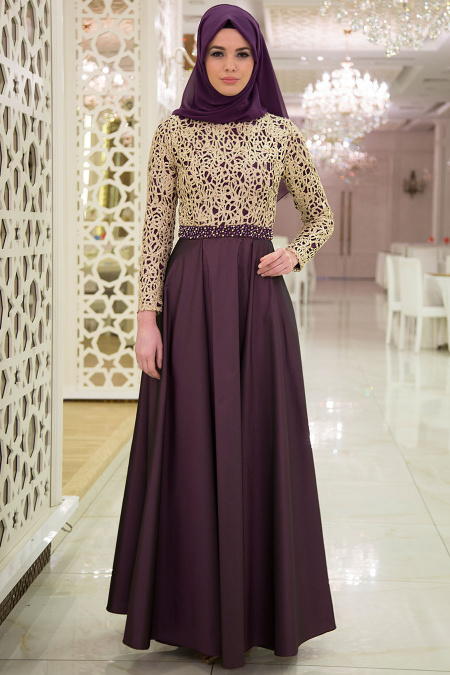 Evening Dresses - Purple Hijab Dress 3813MOR