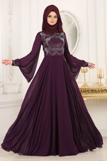 Evening Dresses - Purple Hijab Dress 4361MOR
