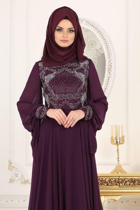 Evening Dresses - Purple Hijab Dress 4361MOR - 2