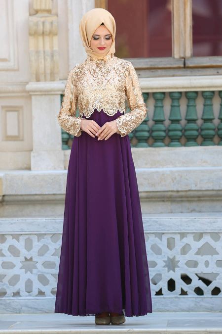 Evening Dresses - Purple Hijab Dress 6379MOR