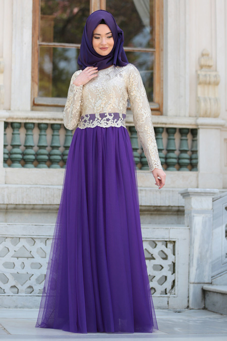 Evening Dresses - Purple Hijab Dress 75540MOR