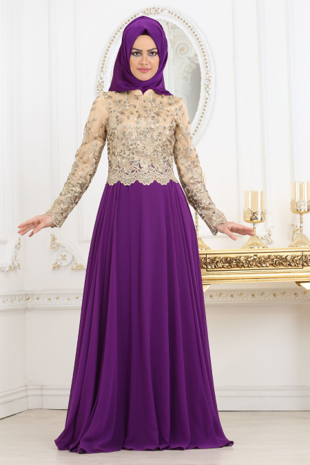 Evening Dresses - Purple Hijab Dress 7565MOR