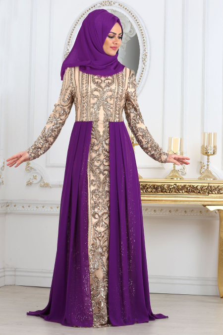Evening Dresses - Purple Hijab Dress 7567MOR
