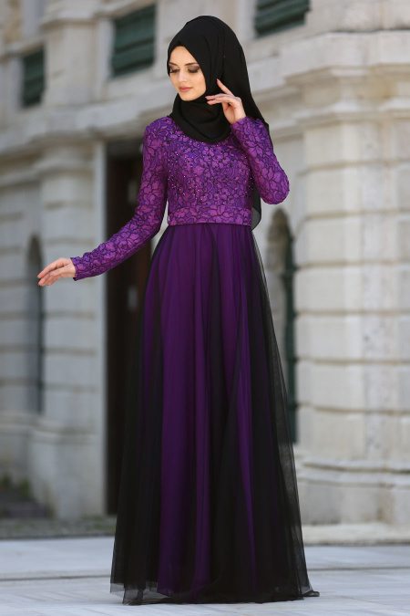 Evening Dresses - Purple Hijab Dress 75831MOR