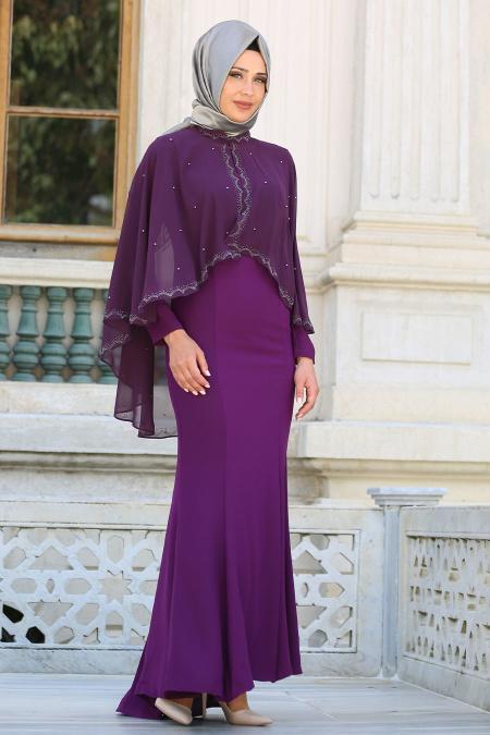 Evening Dresses - Purple Hijab Dress 7612MOR - 2