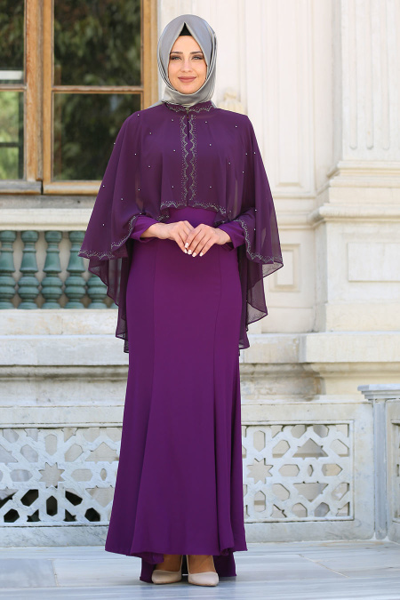 Evening Dresses - Purple Hijab Dress 7612MOR