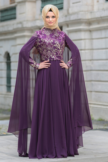 Evening Dresses - Purple Hijab Dress 7615MOR