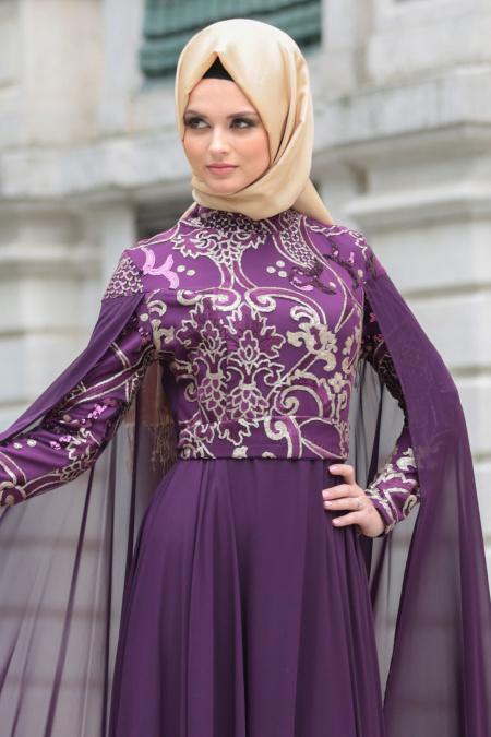 Evening Dresses - Purple Hijab Dress 7615MOR - 3