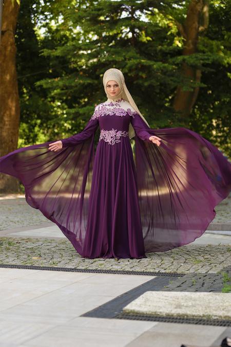 Evening Dresses - Purple Hijab Dress 7621MOR - 2