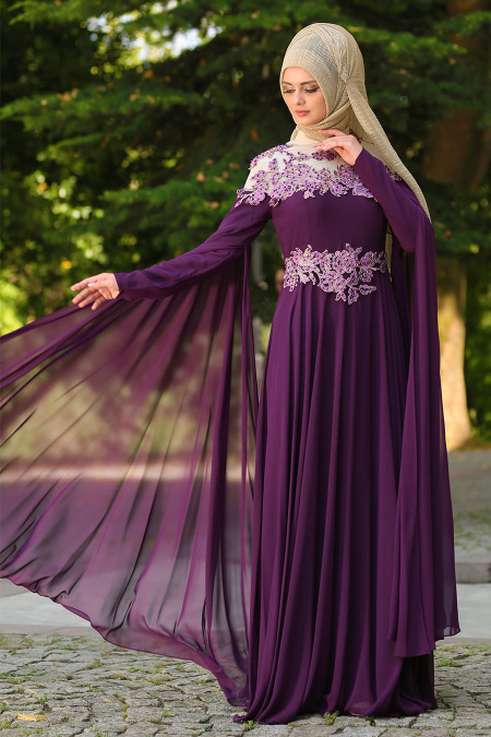 Evening Dresses - Purple Hijab Dress 7621MOR