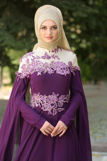 Evening Dresses - Purple Hijab Dress 7621MOR - 3