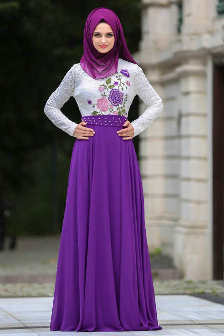 Evening Dresses - Purple Hijab Dress 7628MOR