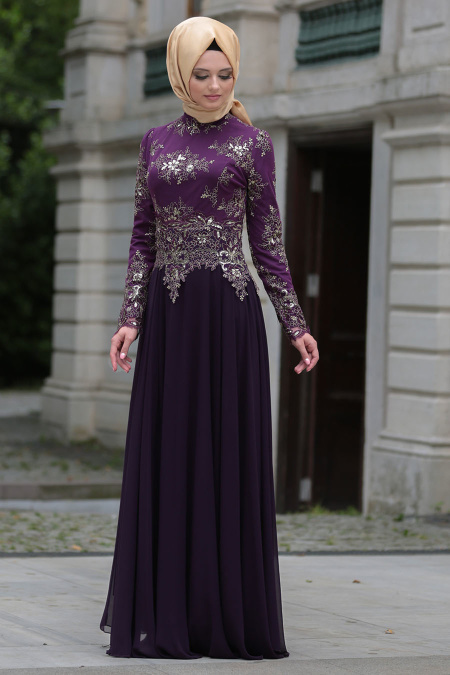 Evening Dresses - Purple Hijab Dress 7636MOR