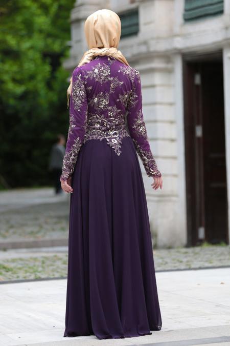 Evening Dresses - Purple Hijab Dress 7636MOR - 2