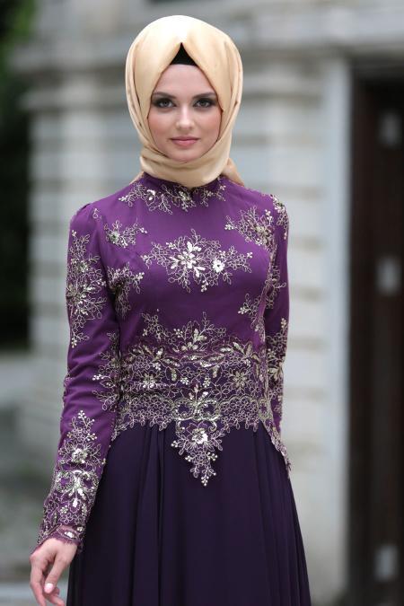 Evening Dresses - Purple Hijab Dress 7636MOR - 3