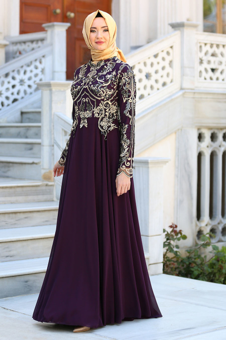 Evening Dresses - Purple Hijab Dress 7644MOR