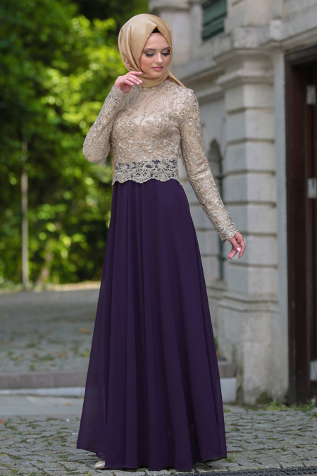 Evening Dresses - Purple Hijab Dress 76463MOR