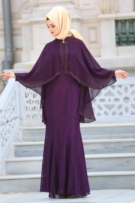 Evening Dresses - Purple Hijab Dress 7658MOR