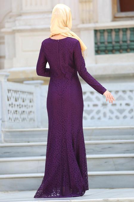 Evening Dresses - Purple Hijab Dress 7658MOR - 3
