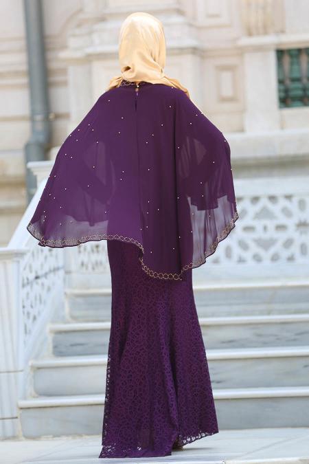 Evening Dresses - Purple Hijab Dress 7658MOR - 4