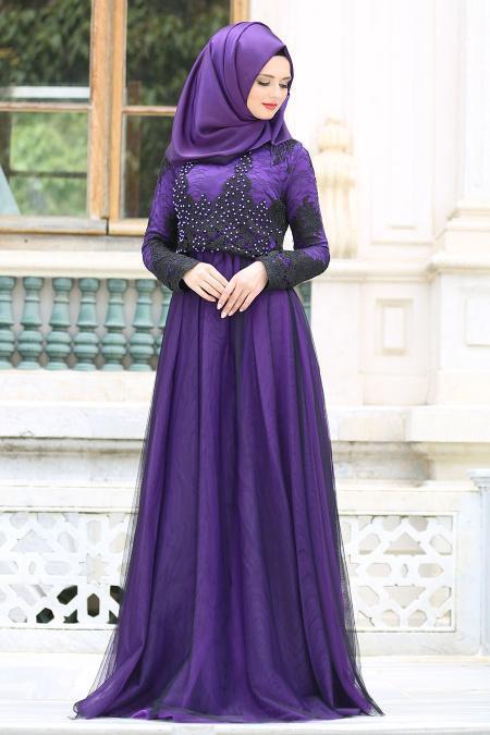 Evening Dresses - Purple Hijab Dress 7659MOR - 2