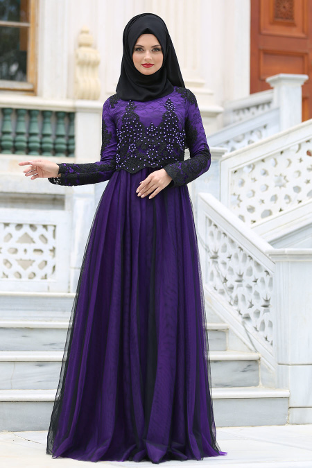 Evening Dresses - Purple Hijab Dress 7659MOR