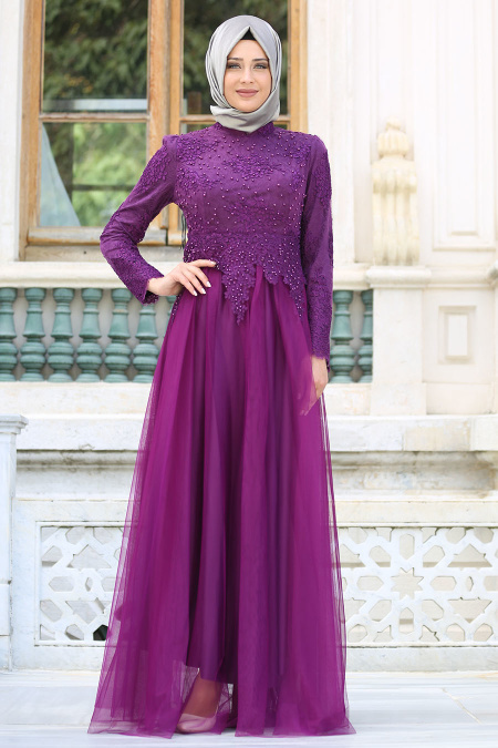 Evening Dresses - Purple Hijab Dress 7691MOR