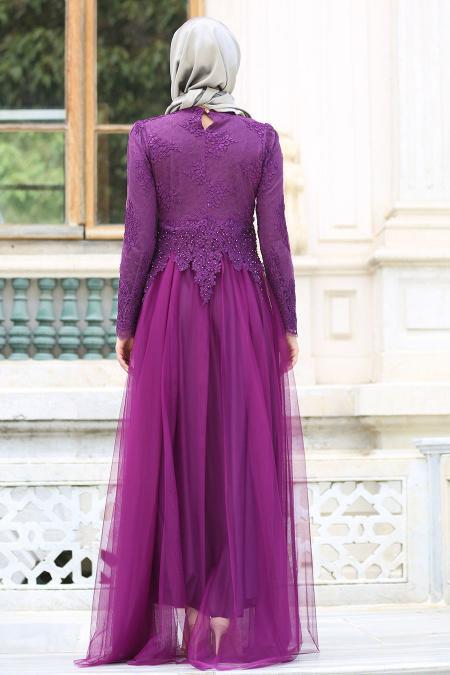 Evening Dresses - Purple Hijab Dress 7691MOR - 3