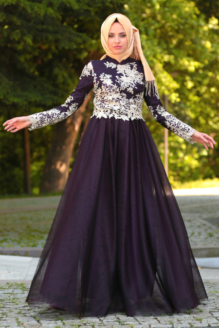 Evening Dresses - Purple Hijab Dress 7714MOR