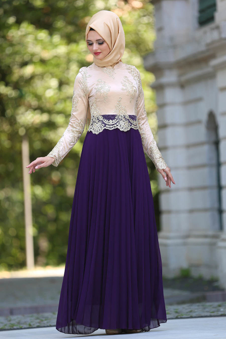 Evening Dresses - Purple Hijab Dress 77221MOR