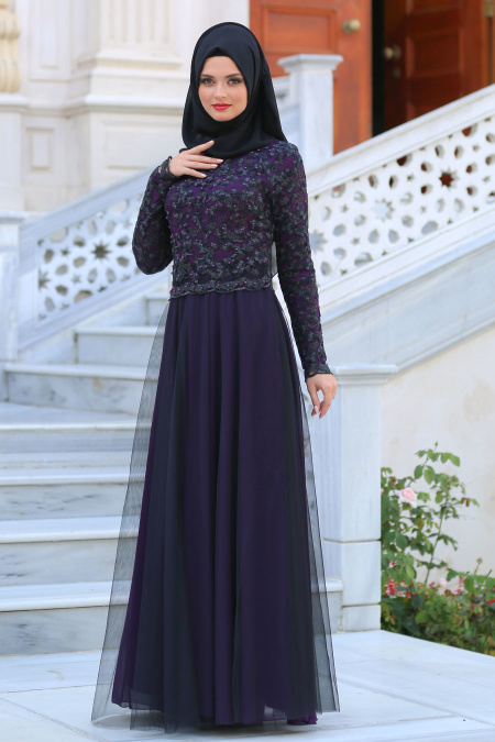 Evening Dresses - Purple Hijab Dress 7727MOR