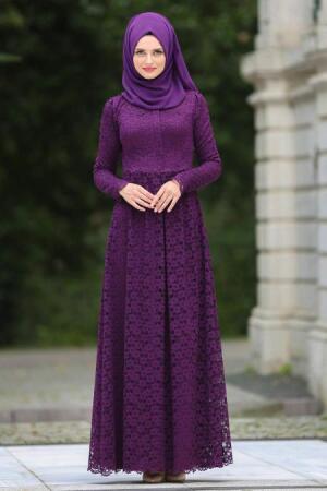 Evening Dresses - Purple Hijab Dress 7774MOR - 1