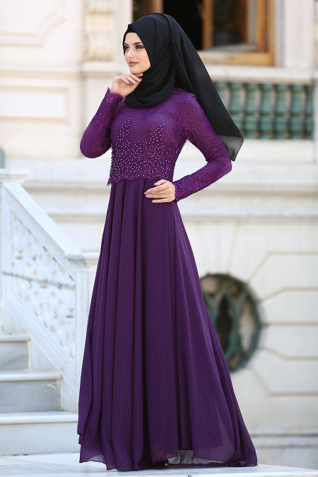 Evening Dresses - Purple Hijab Dress 7783MOR