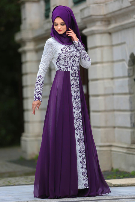 Evening Dresses - Purple Hijab Dress 7784MOR