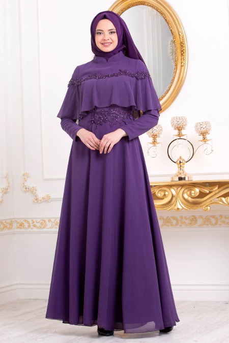 Evening Dresses - Purple Hijab Evening Dress 36640MOR