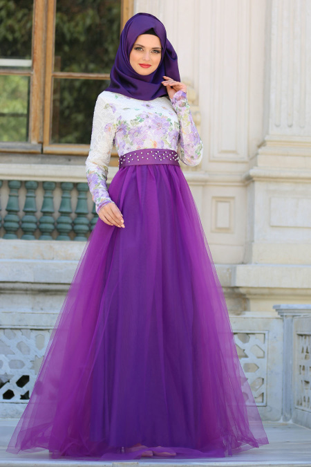 Evening Dresses - Purple Hijab Evening Dress 7515MOR