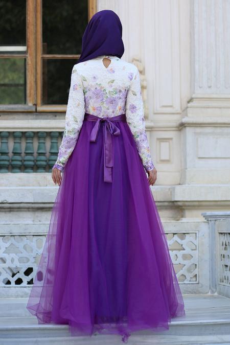 Evening Dresses - Purple Hijab Evening Dress 7515MOR - 3