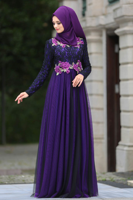 Evening Dresses - Purple Hijab Evening Dress 7531MOR