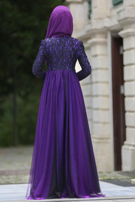 Evening Dresses - Purple Hijab Evening Dress 7531MOR - 2