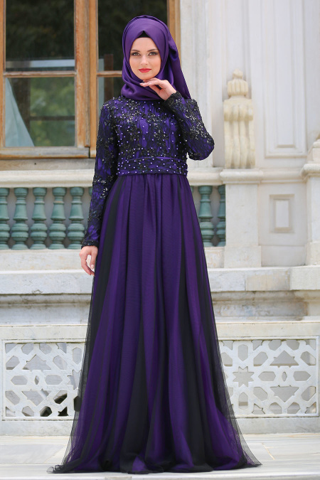 Evening Dresses - Purple Hijab Evening Dress 75450MOR