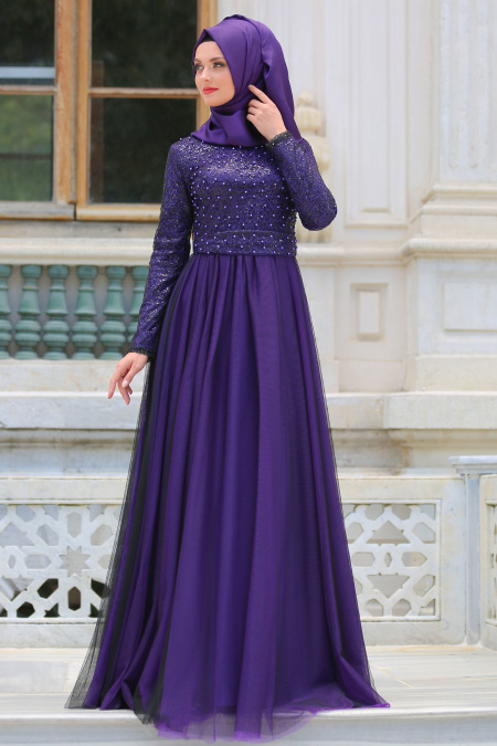 Evening Dresses - Purple Hijab Evening Dress 7545MOR