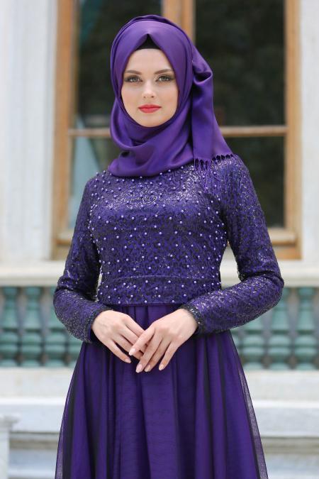 Evening Dresses - Purple Hijab Evening Dress 7545MOR - 2